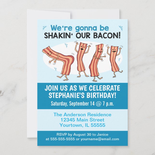 Invitation Amusant Shakin' Notre Bacon Birthday Party Invitat (Devant)