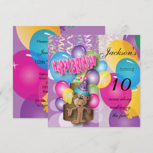 Invitation Amusant singe violet fête d'anniversaire
