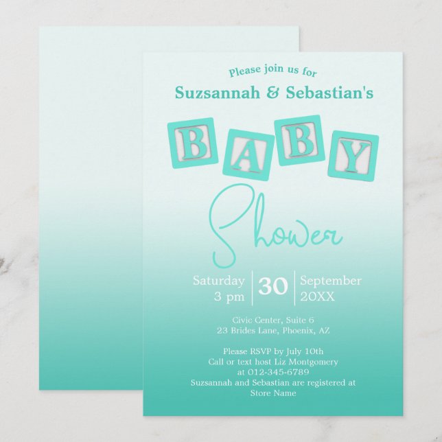 Invitation Amusant Turquoise Ombre BABY Blocks douche Invitat (Devant / Derrière)