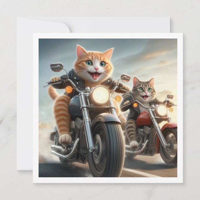 Invitation Amusant Vélo Chat, Chats Sur Moto Anniversaire (Devant)