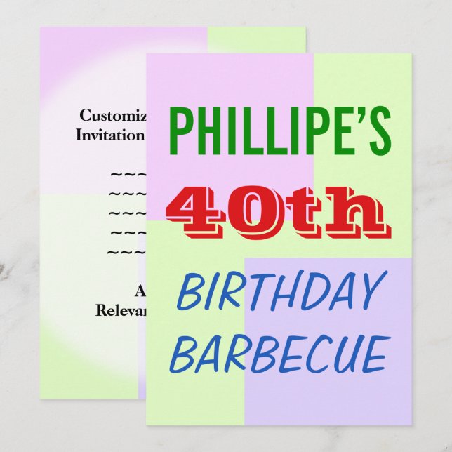 Invitation amusante, colorée "40ème anniversaire B (Devant / Derrière)