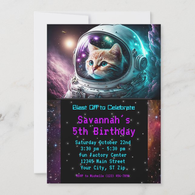 Invitation Amusante Galaxie Space Cat Astronaut fête d'annive (Devant)