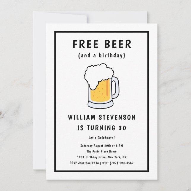 Invitation Amusante Libre Bière Joke Simple Homme 30e anniver (Devant)