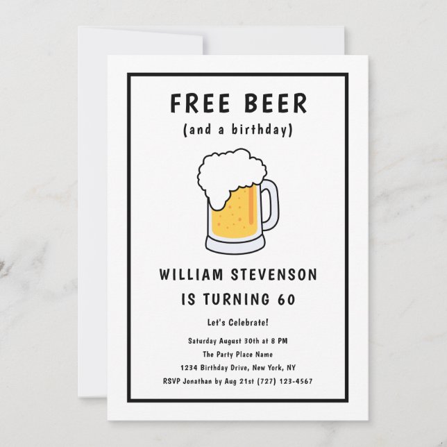 Invitation Amusante Libre Bière Joke Simple Homme 60e anniver (Devant)