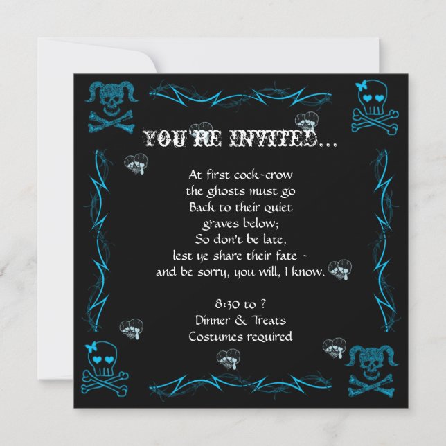 Invitation Amusants Aqua Blue Girl Gothic Skulls Halloween Pa (Devant)
