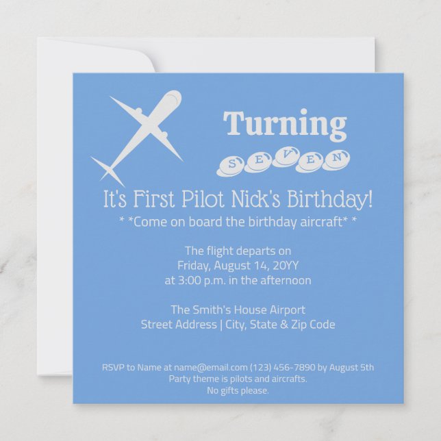 Invitation Amusants Avion Pilote Enfants Bleu Anniversaire (Devant)