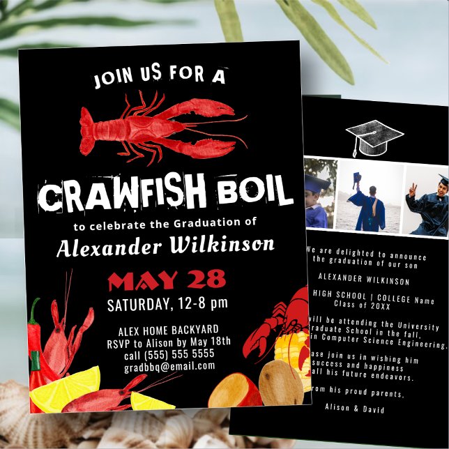 Invitation Amusants Black Crawfish Boil 3 Photo Graduation Pa (Créateur téléchargé)