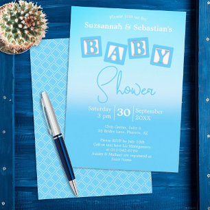 Invitation Amusants Blue Ombre BABY Boy Blocks Showboat Invit
