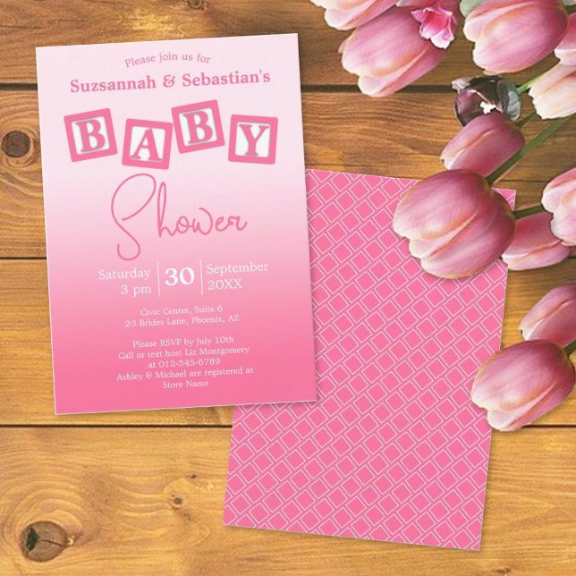Invitation Amusants Pink Ombre BABY Girl Blocks Shower Invita (Créateur téléchargé)