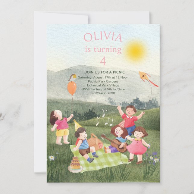 Invitation Amusants Pique-nique Anniversaire Fille Jardin Inv (Devant)