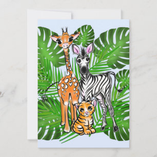 Invitation Amusants Safari amis girafe zèbre tigre palme feui