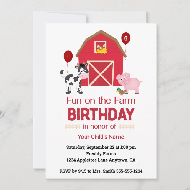 Invitation Amusement à la ferme Personnalisé Animaux d'annive (Devant)