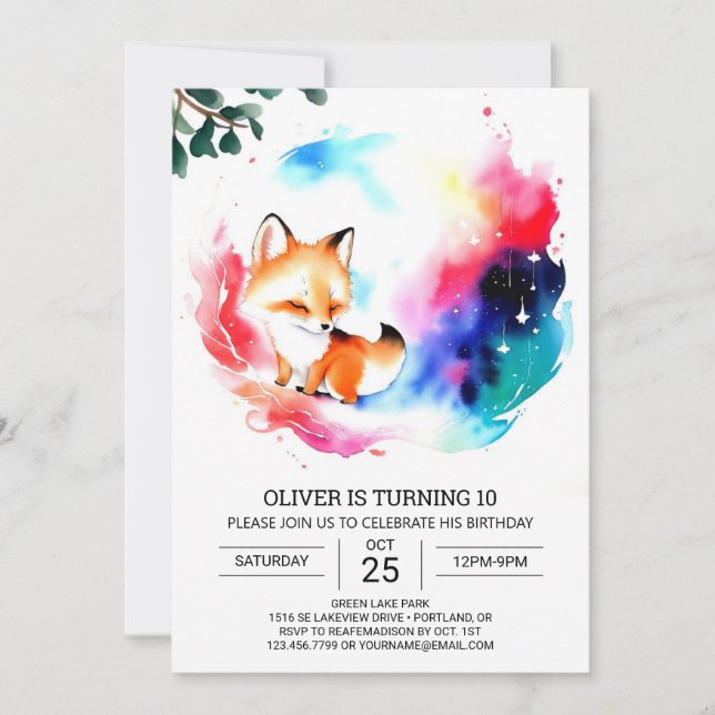 Invitation Amusement d'anniversaire avec des renards aquarell (Devant)