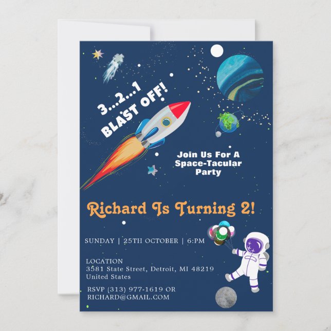 Invitation Amusez-vous avec l'astronaute spatial Tacular Fête (Devant)
