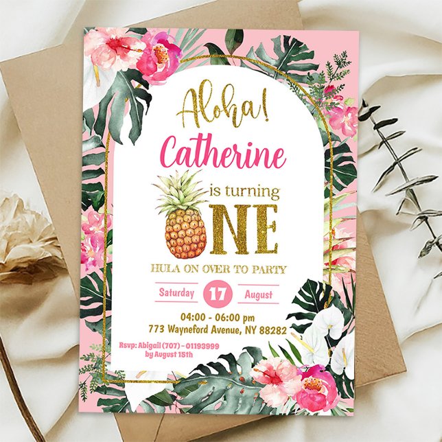 Invitation Ananas Floral Tropical Aloha Premier Anniversaire (Créateur téléchargé)