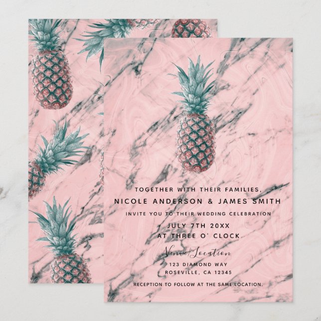 Invitation Ananas & marbre rose bracelet Mariage moderne chic (Devant / Derrière)