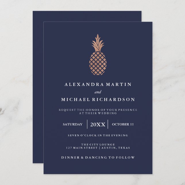 Invitation Ananas Rose en or Faux sur Mariage bleu nuit (Devant / Derrière)