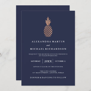 Invitation Ananas Rose en or Faux sur Mariage bleu nuit