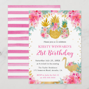Invitation Ananas rose et or & Flamant rose 21e anniversaire