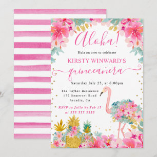 Invitation Ananas rose et or & Flamant rose Quinceanera