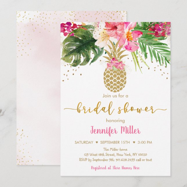 Invitation Ananas rose or Floral Fête des mariées tropicale (Devant / Derrière)