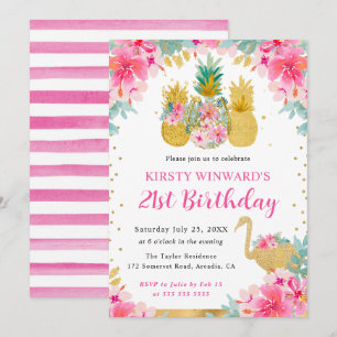 Invitation Ananas roses et dorés et Flamant rose 21e annivers