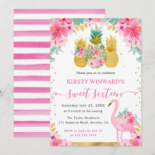 Invitation Ananas roses et dorés et Flamant rose Sweet 16