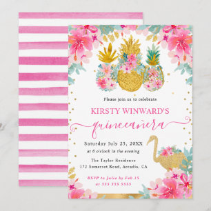 Invitation Ananas roses et dorés et Quinceanera flamant rose
