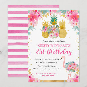Invitation Ananas roses et dorés & Flamant rose 21e anniversa