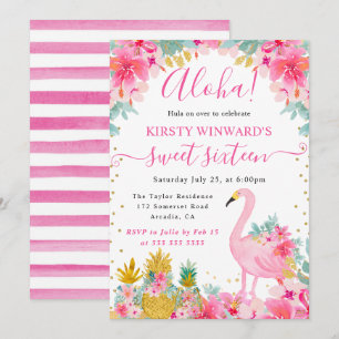 Invitation Ananas roses et dorés & Flamant rose Sweet 16