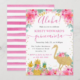 Invitation Ananas roses et dorés & Quinceanera flamant rose