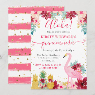 Invitation Ananas roses et dorés & Quinceañera flamant rose