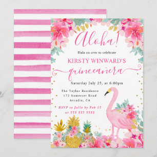 Invitation Ananas roses et dorés & Quinceañera flamant rose