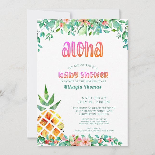Invitation Ananas tropical Baby shower Floral Luau (Devant)
