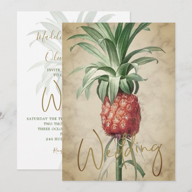 Invitation Ananas Tropical Élégant Mariage d'or moderne (Devant / Derrière)
