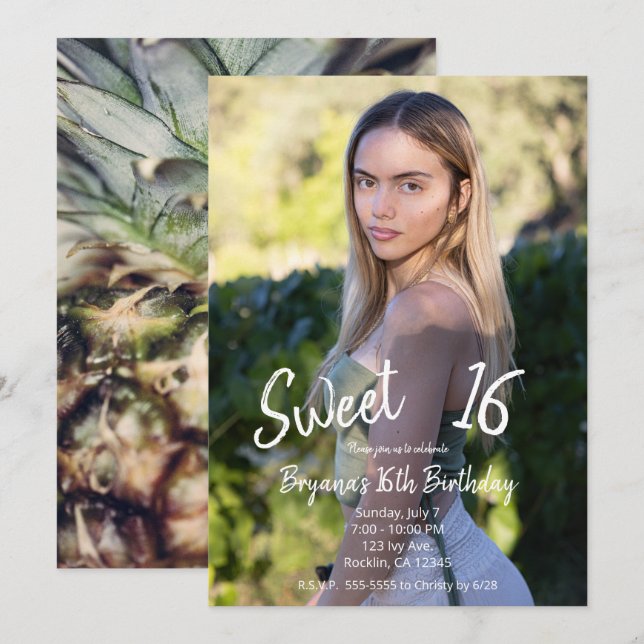 Invitation Ananas Tropical Moderne Photo Sweet 16 Party (Devant / Derrière)