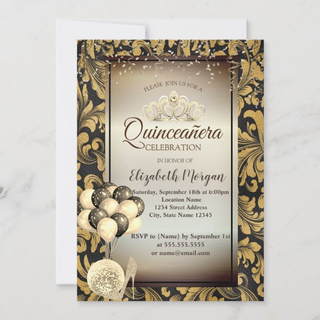 Invitation Ancien Flèches d'or, Ballons, Talons, Tiara Quince (Devant)