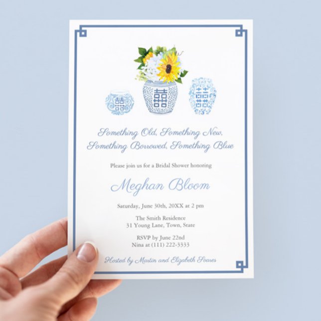 Invitation Ancien nouveau Wedding shower bleu classique empru (Something Old New Borrowed Blue Bridal Shower invitation with sunflowers and preppy ginger jars)