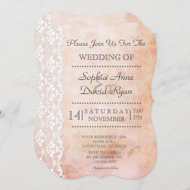 Invitation Ancien papier romantique avec Roses et Mariage den (Devant / Derrière)