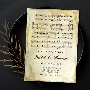Invitation Ancien papier vintage notes musicales mariage