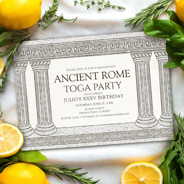 Invitation Ancien Rome Toga Anniversaire fête avec colonnes (Créateur téléchargé)