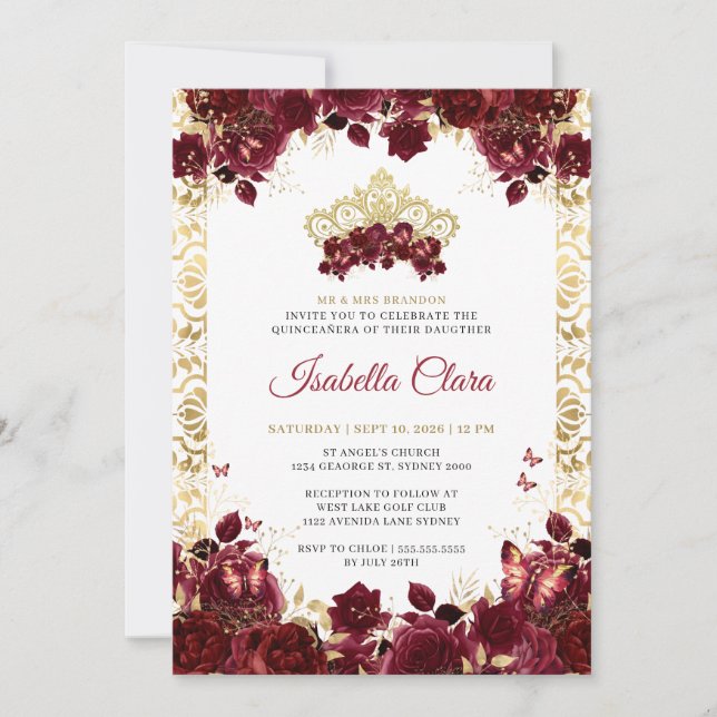 Invitation Ancienne Bourgogne Florale Arc Or Quinceanera (Devant)
