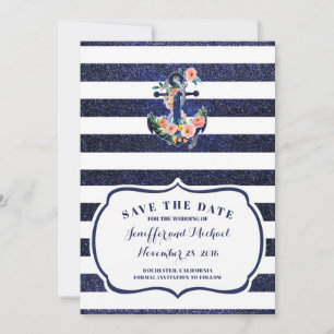 Invitation Ancrage floral sur rayé enregistrer la date