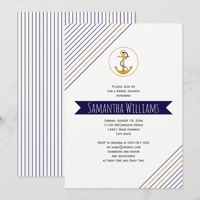 Invitation Ancrage or rayures nautique mariage douche nuptial (Devant / Derrière)