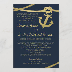 Invitation Ancre à corde Gold et Mariage bleu marine