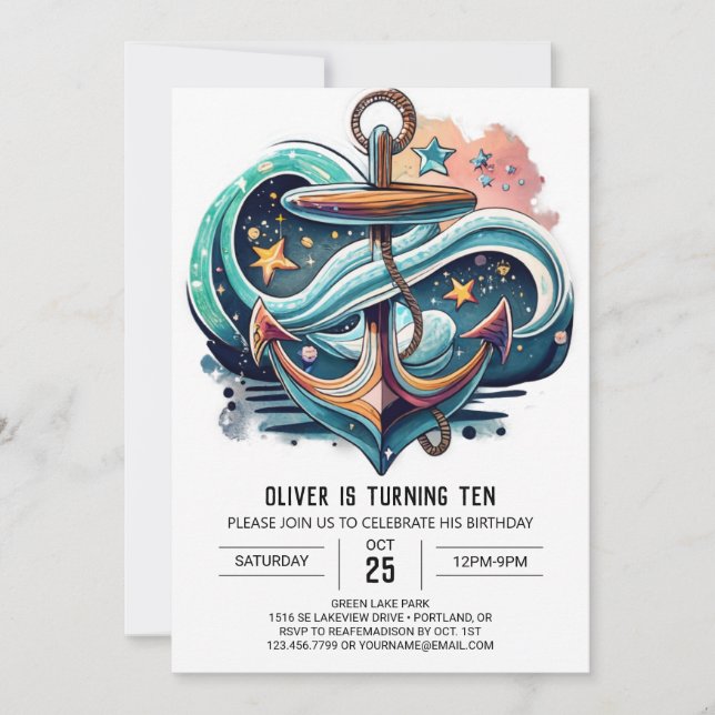 Invitation Ancre aquarelle Anniversaire (Devant)