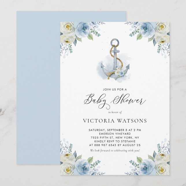 Invitation Ancre aquarelle et Baby shower garçon Fleurs Bleue (Devant / Derrière)