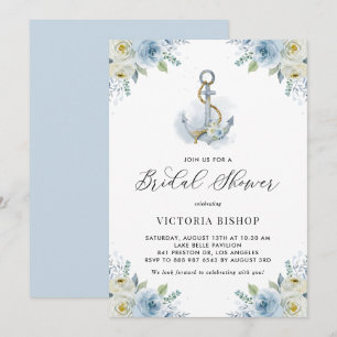 Invitation Ancre aquarelle et Fête des mariées de fleurs bleu