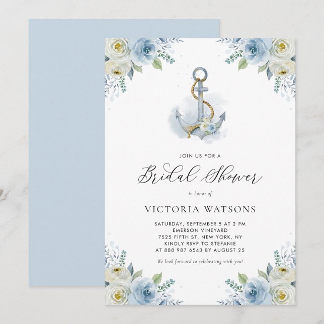Invitation Ancre aquarelle et Fête des mariées de fleurs bleu (Devant / Derrière)