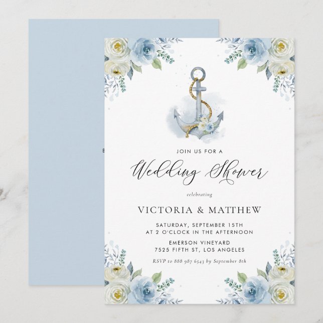 Invitation Ancre aquarelle et Wedding shower de fleurs bleues (Devant / Derrière)